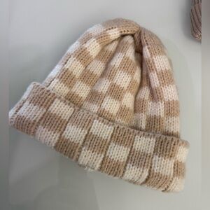Checkered Tan and Cream Knit Beanie